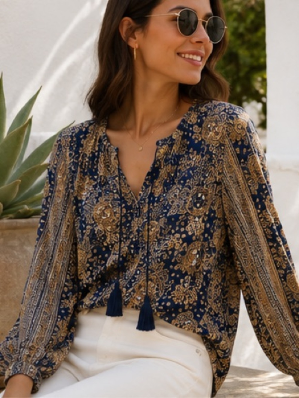 Liverpool Los Angeles Navy Floral Mixed Print Tassel Tie Blouse NWT Size Small